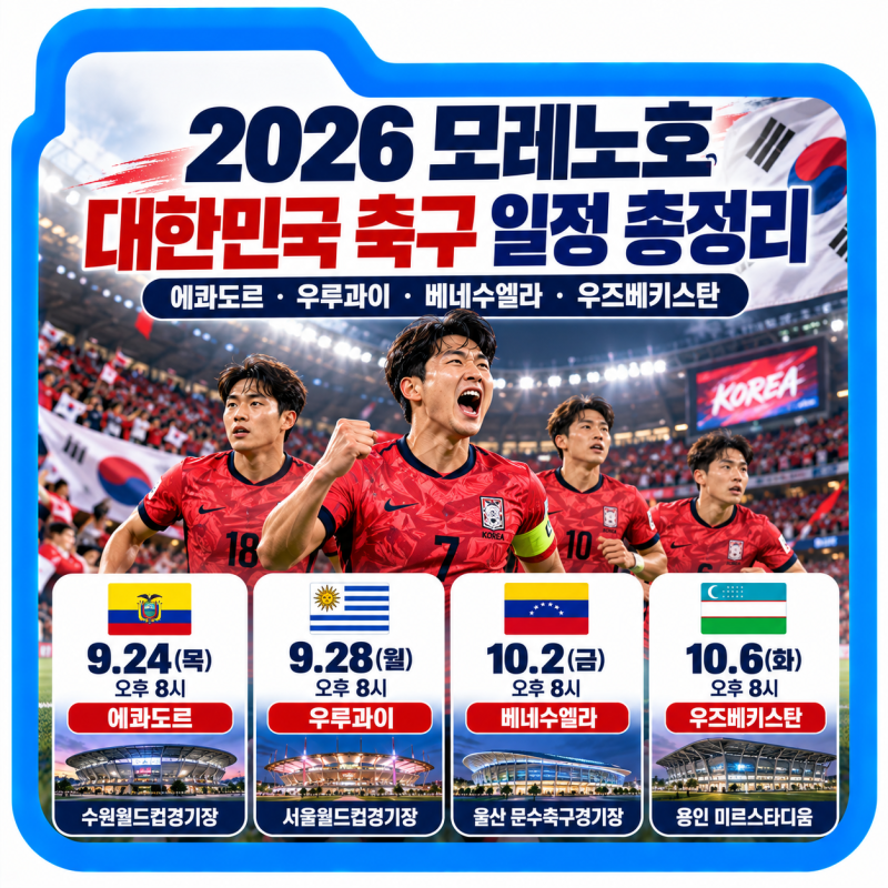 2026 모레노호 대한민국 축구 국가대표팀 일정 총정리, 에콰도르·우루과이·베네수엘라·우즈....