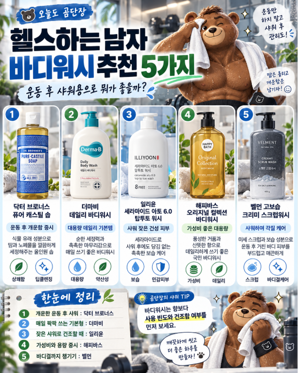 헬스하는 남자 바디워시 추천 5가지｜운동 후 샤워용으로 뭐가 좋을까?