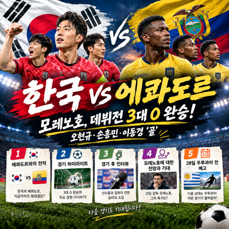 한국 에콰도르 3:0 완승! 오현규·손흥민·이동경 골 하이라이트와 전적까지 한번에~