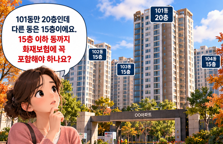 16층 아파트가 한 동만 있어도 15층 이하 동까지 화재보험 의무 대상일까?