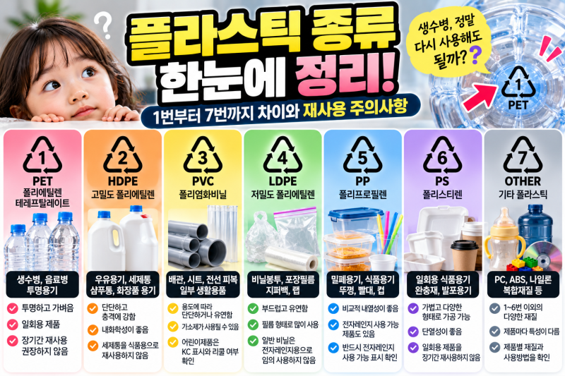 플라스틱 종류 7가지 총정리｜PET·HDPE·PVC·LDPE·PP·PS 차이와 재사용 주의사항