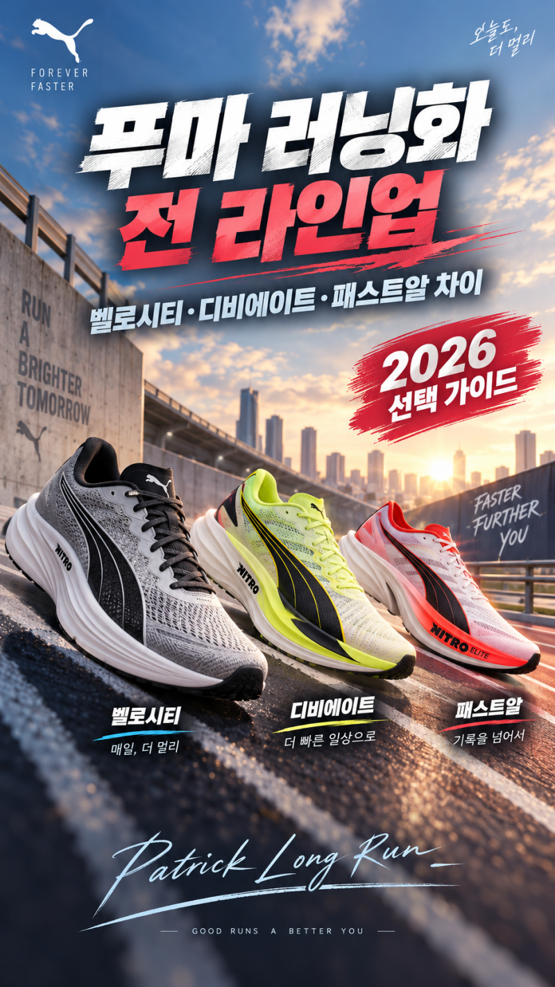 푸마 러닝화 전 라인업: 벨로시티·디비에이트·패스트알, 어떤 차이일까?