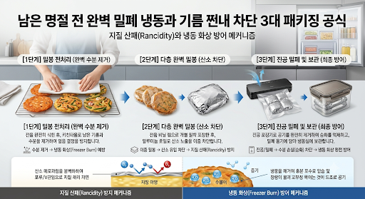 남은 명절 전 완벽 밀폐 냉동과 기름 쩐내 차단 3대 패키징 공식: 지질 산패(Rancidity)와 화상 ....