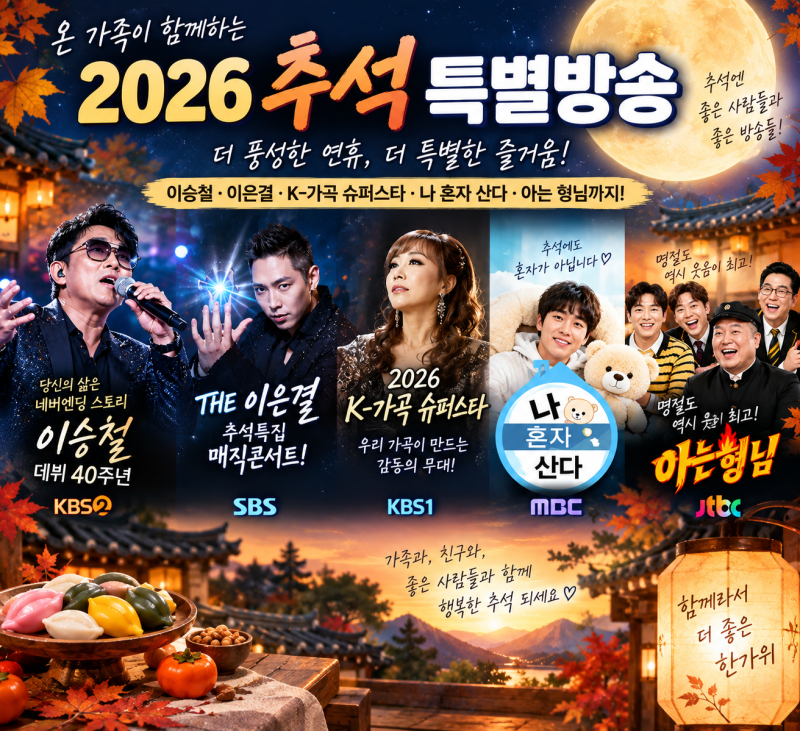 2026 추석 특별방송 편성표 9월24~27일 총정리, 이승철·이은결·나혼산·아는형님 언제?