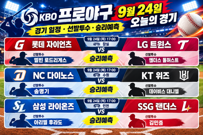9월 24일 KBO 프로야구 경기 일정·선발투수·승리예측 총정리
