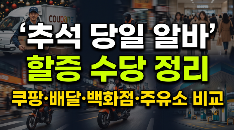 추석 당일 단기 알바 명절 할증 수당 총정리: 쿠팡·배달·백화점·주유소 비교
