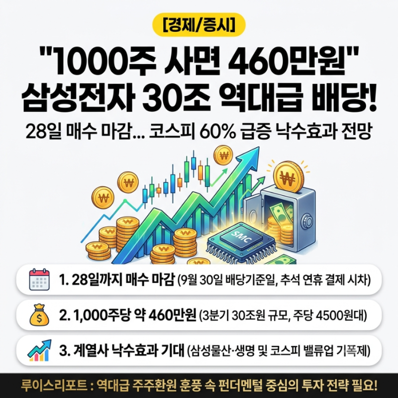 [경제/증시] "1000주 사면 460만원" 삼성전자 30조 역대급 배당 28일 막차 매수 마감…코스피 60% ....