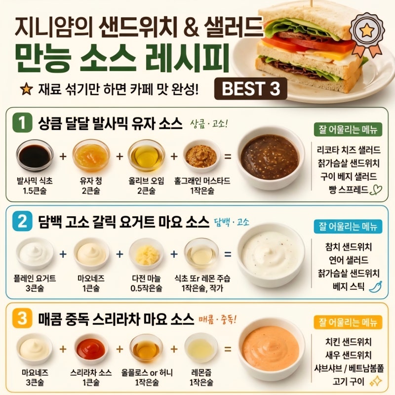 지니얌의 샌드위치 & 샐러드 만능 소스 레시피 BEST 3 (대체 재료 꿀팁 포함)