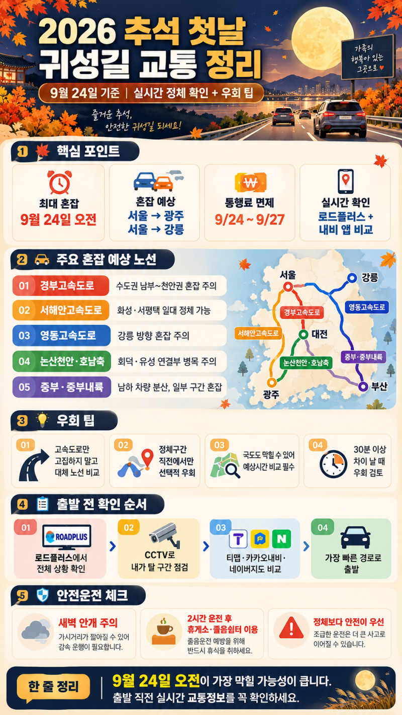 2026 추석 첫날 고속도로 어디가 막힐까? 9월 24일 귀성길 정체·우회 팁 총정리