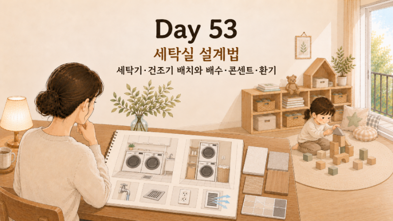 인테리어 기초 53｜세탁실 설계법: 세탁기·건조기 배치와 배수·콘센트·환기