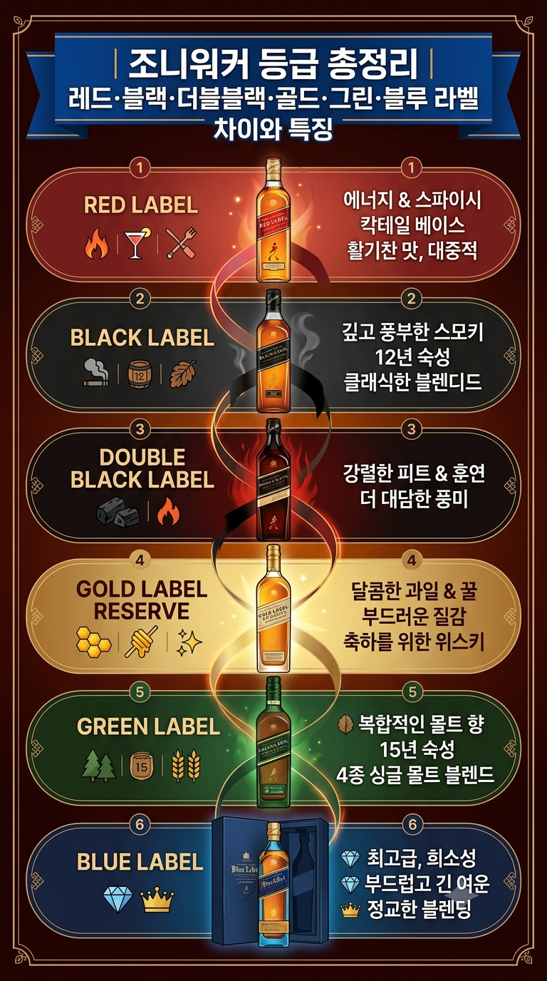 조니워커 등급 총정리｜레드·블랙·더블블랙·골드·그린·블루 라벨 차이와 특징
