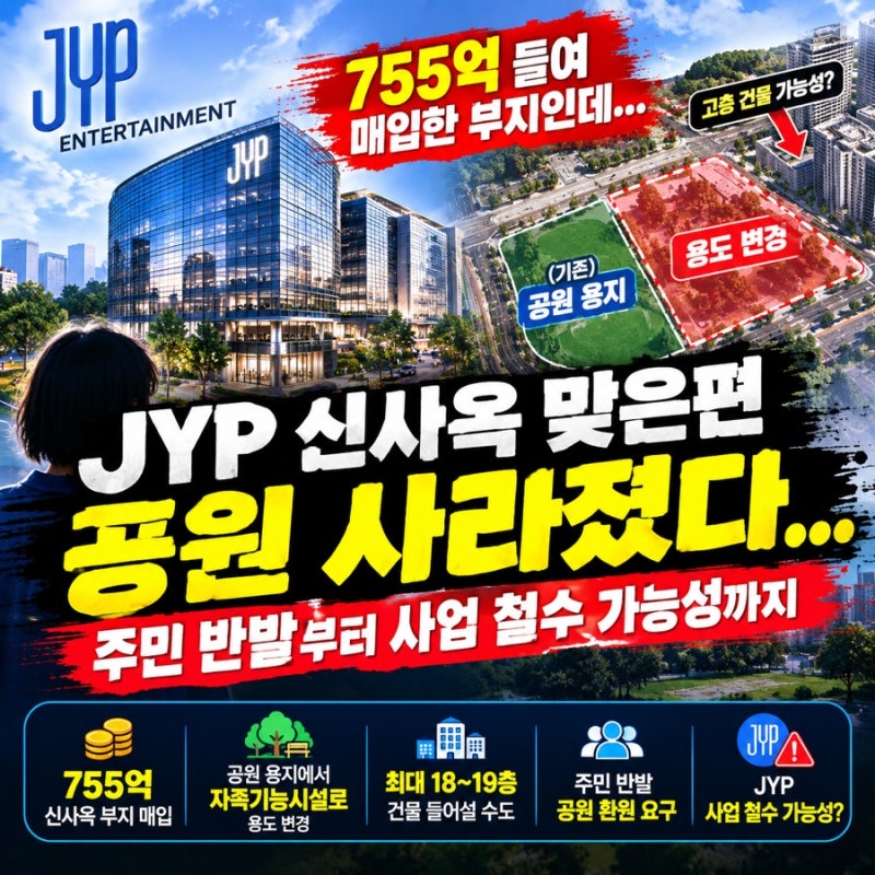 755억 주고 날벼락? JYP 신사옥 맞은편 공원 사라진 이유