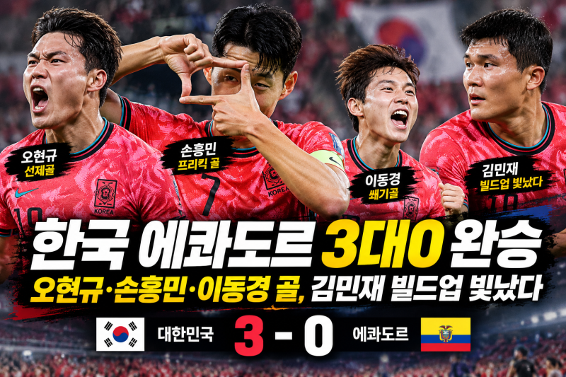 국가대표 A매치 한국 에콰도르 3 대 0 완승｜오현규·손흥민·이동경 골, 김민재 빌드업 빛났....