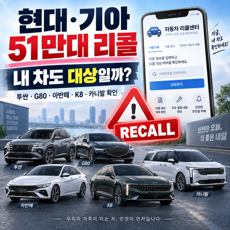 2026 현대·기아 51만대 리콜 총정리｜투싼·G80·아반떼·K8·카니발 내 차 확인법