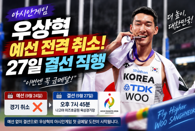 우상혁 24일 경기 갑자기 취소! 예선 없이 27일 결선 직행, 아시안게임 첫 금메달 도전