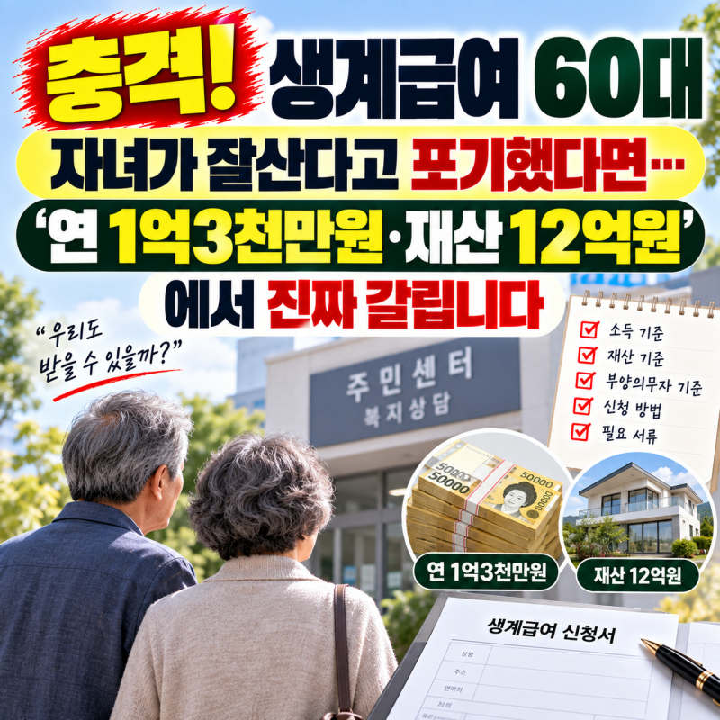 충격! 생계급여 60대 | 자녀가 잘산다고 포기했다면…‘연 1억3천만원·재산 12억원’에서 진....