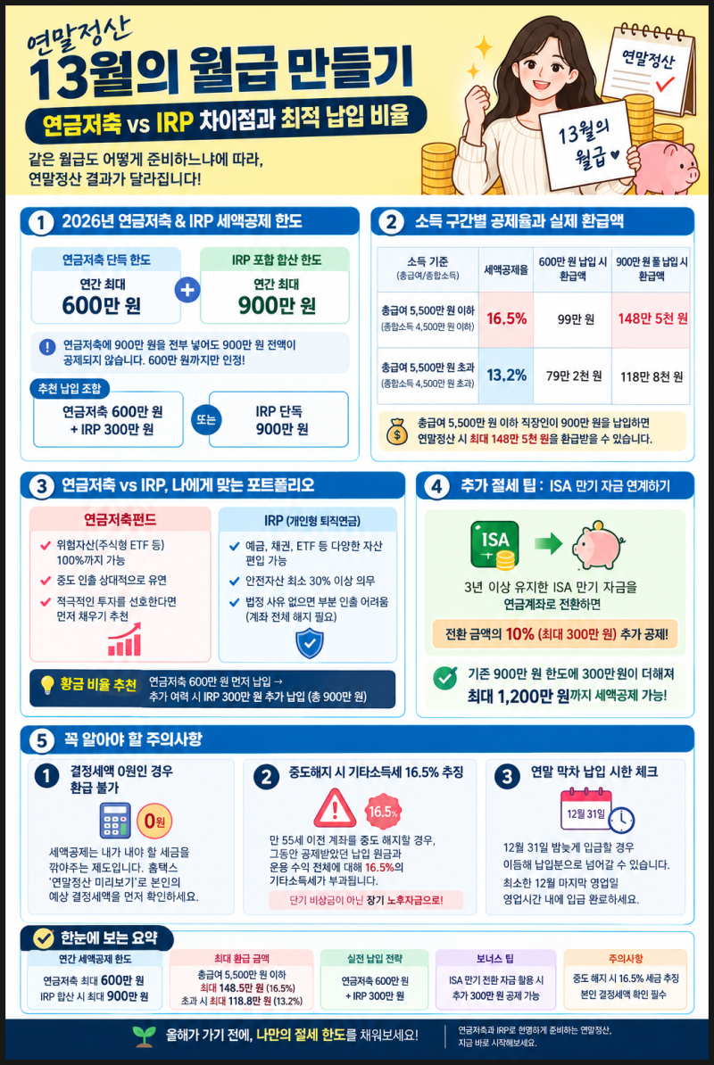 연말정산 13월의 월급 만들기: 연금저축 vs IRP 차이점과 최적 납입 비율