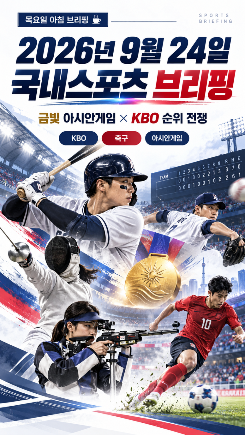 2026년 9월 24일 국내스포츠 브리핑｜오상욱·추가은 금메달! KBO 선두 경쟁과 오늘의 아시안게....