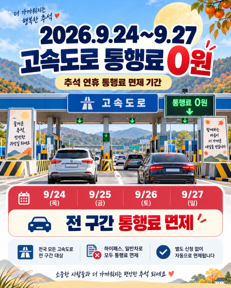 2026 추석 고속도로 통행료 면제 기간, 하이패스 이용방법까지 정리