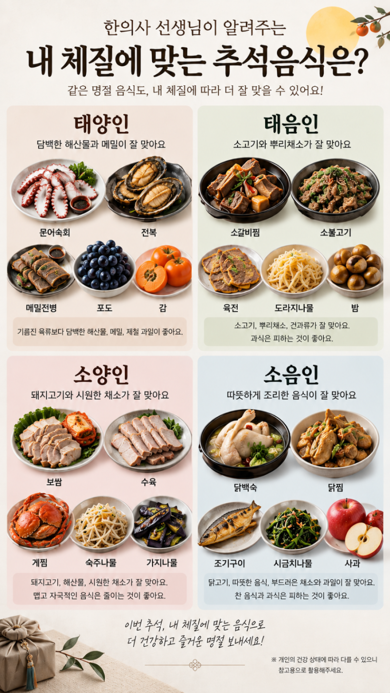 사상체질별 추석 음식 50가지｜태음인·소양인·소음인·태양인에게 맞는 명절음식