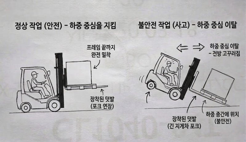 [지게차 실전기] 긴 덧발 끼웠다고 안심? 아령과 작대기로 이해하는 전복 사고의 진실