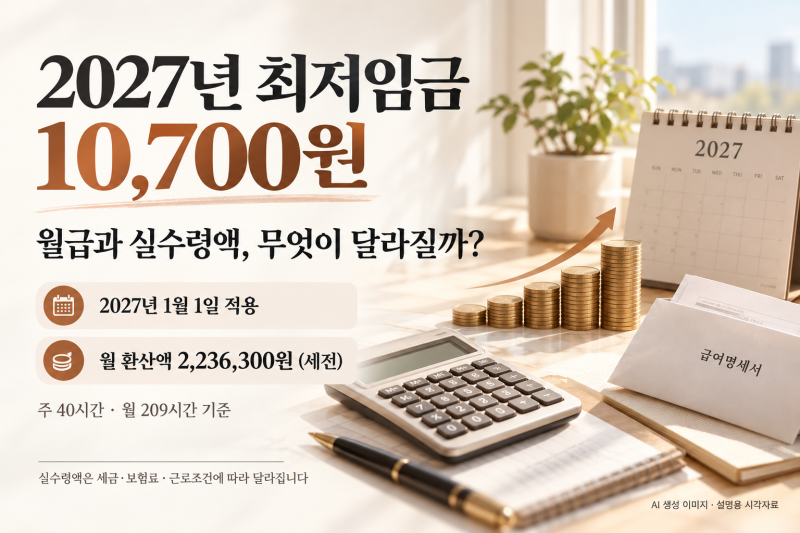 2027년 최저임금 10,700원 확정, 월급과 실수령액은 얼마나 달라질까?