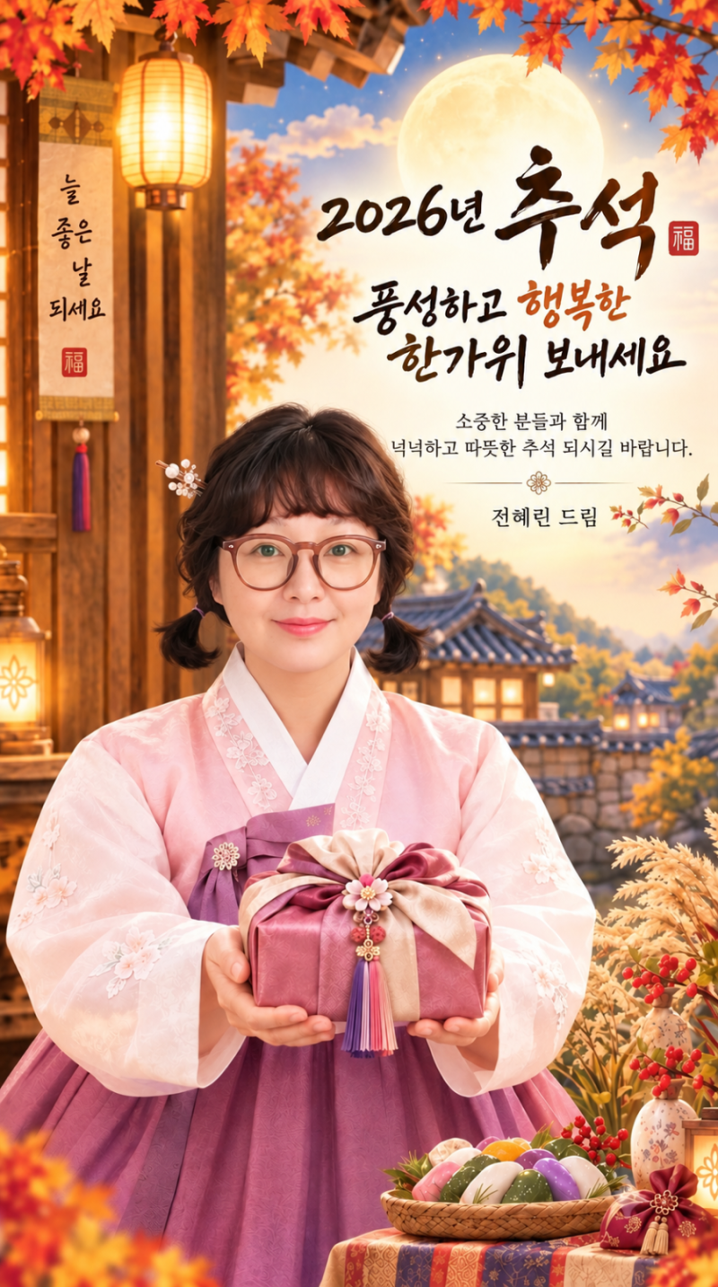 AI로 만들어본 2026 추석 인사 이미지 내 얼굴 그대로 한복 입혀보기 그리고 만드는김에 동영....