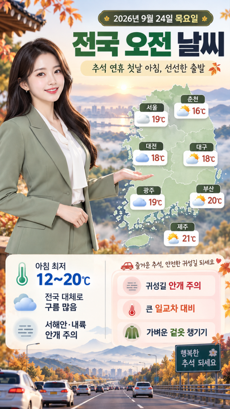 2026년 9월 24일 목요일 전국 날씨 예상｜추석 연휴 첫날 낮 30도 늦더위! 태풍 수리개와 내일 ....