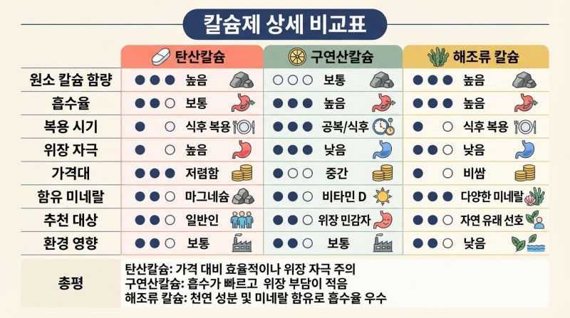칼슘제 3종 비교, 탄산칼슘 vs 구연산칼슘 vs 해조칼슘 뭐가 다를까
