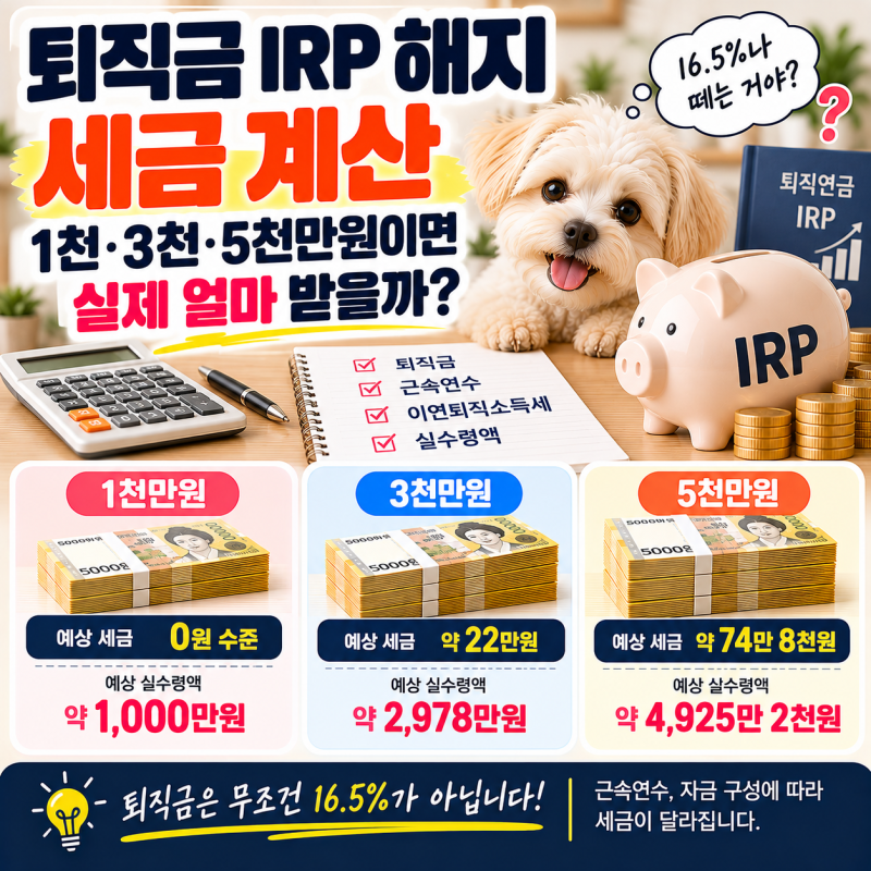 퇴직금 IRP 해지 세금 계산, 1천·3천·5천만원이면 실제 얼마 받을까?