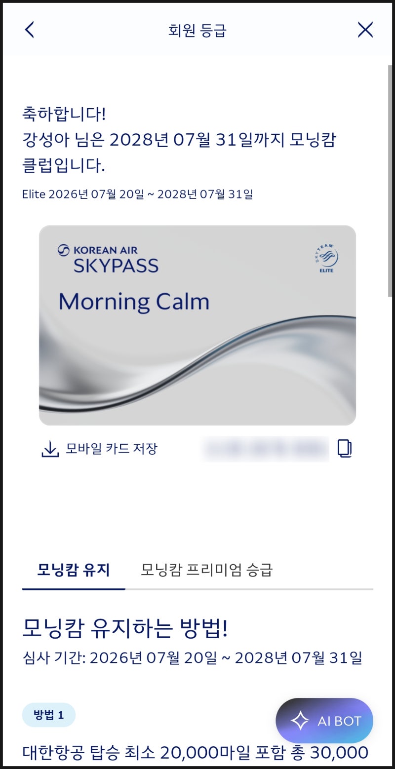 대한항공 등급 총정리, 모닝캄? | 승급 및 유지 조건