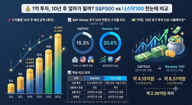 1억 S&P500·나스닥100에 넣으면 10년 후 얼마? 수익률·복리 비교