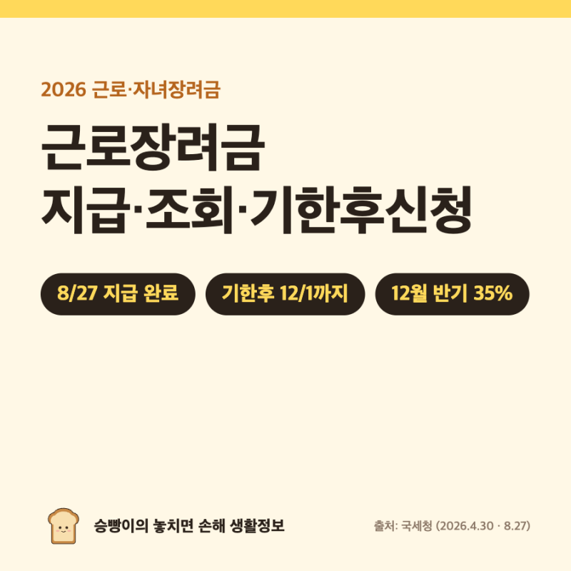 근로장려금 2026 총정리｜8/27 지급 · 조회 4가지 · 기한후신청 12/1까지 · 12월 반기 지급