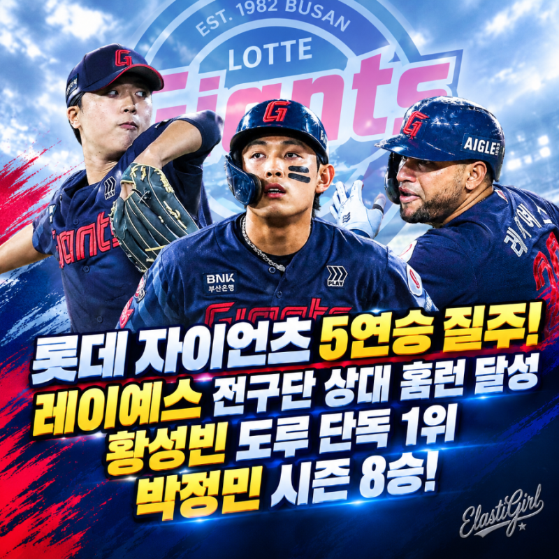 롯데 자이언츠 5연승 질주! 레이예스 전구단 상대 홈런 달성·황성빈 도루 단독 1위·박정민 ....