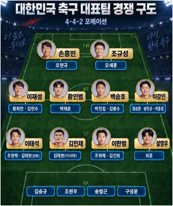“손흥민 투톱에 이강인 오른쪽?” 모레노호 4-4-2 선언…한국 축구 주전 경쟁 판이 바뀐다