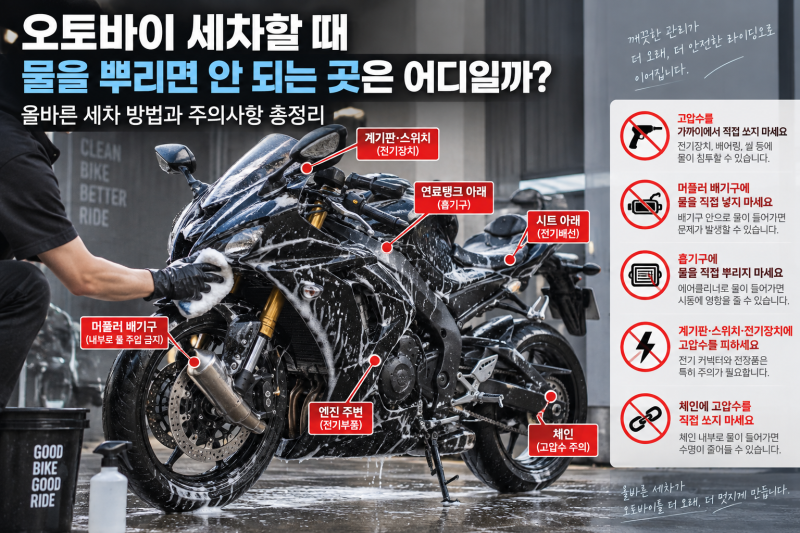 오토바이 세차할 때 물 뿌리면 안 되는 곳은 어디일까? 올바른 세차 방법과 주의사항 총정리