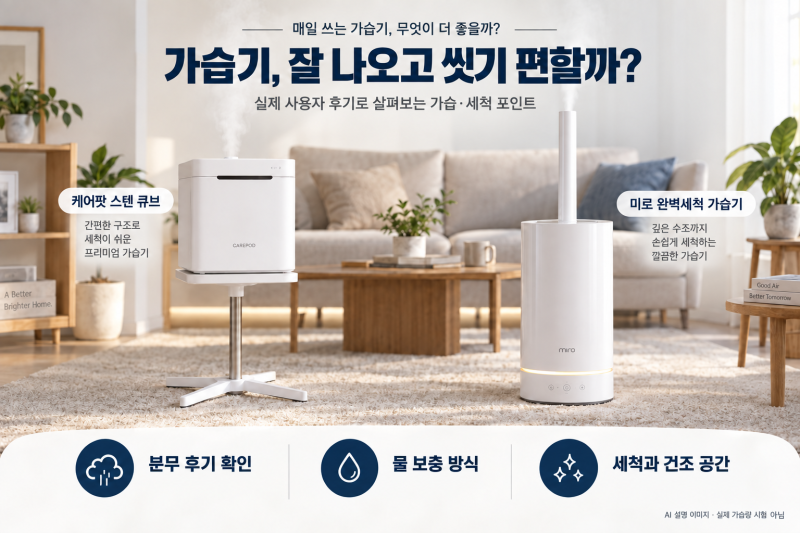 가습기 분무량만 보면 놓치는 것｜케어팟 스텐 큐브 vs 미로 완벽세척 가습기