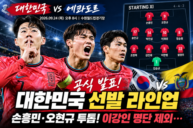 대한민국 에콰도르 축구 선발 라인업 발표! 손흥민·오현규 투톱, 이강인 명단 제외…오늘 경....