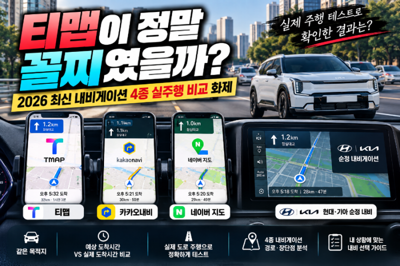 티맵이 정말 꼴찌였을까?｜2026 티맵·카카오내비·네이버지도·순정 내비 실주행 비교 화제