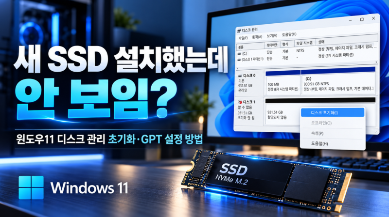 새 SSD 설치했는데 안 보임? 윈도우11 디스크 관리 초기화·GPT 설정 방법