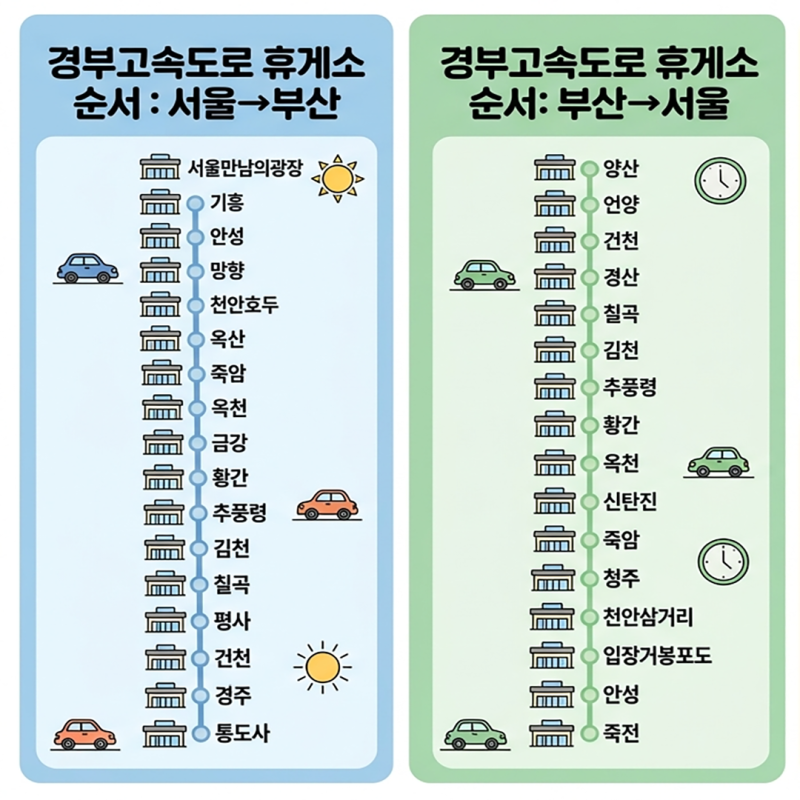 경부고속도로 휴게소 순서 총정리｜서울→부산·부산→서울 주유소·충전소 한눈에