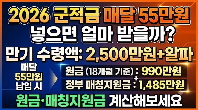 2026 군적금 매달 55만원 넣으면 얼마 받을까? 원금·매칭지원금 계산해보세요