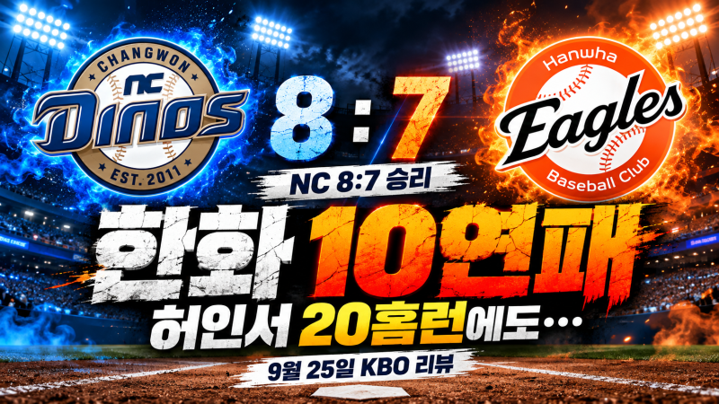 NC 1회 7득점 폭발, 한화 10연패…9회 4득점 추격도 한 끗 부족했다 [9월 25일 KBO 리뷰]