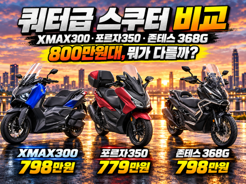 쿼터급 스쿠터 비교｜XMAX300·포르자350·존테스368G, 800만원대 뭐가 다를까?