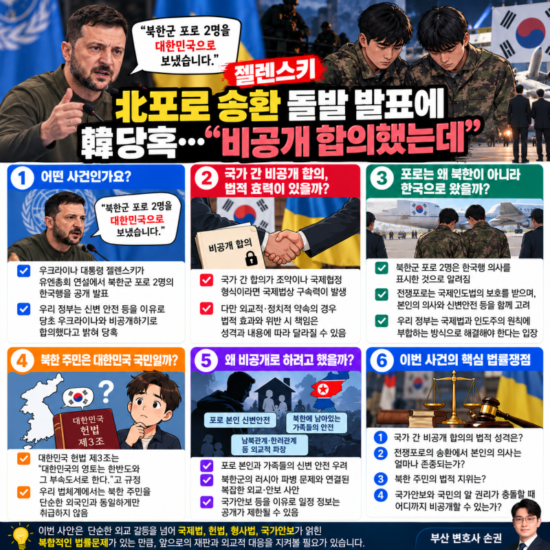 ⚖️ 젤렌스키 北포로 송환 돌발 발표에 韓당혹…“비공개 합의했는데” 국가 간 약속도 법....
