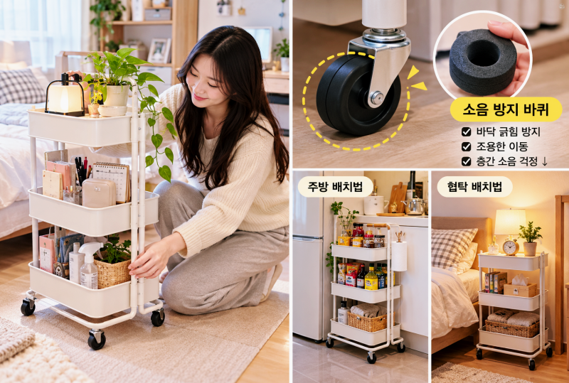 원룸 3단 트롤리 소음 방지 바퀴와 주방 협탁 배치 법