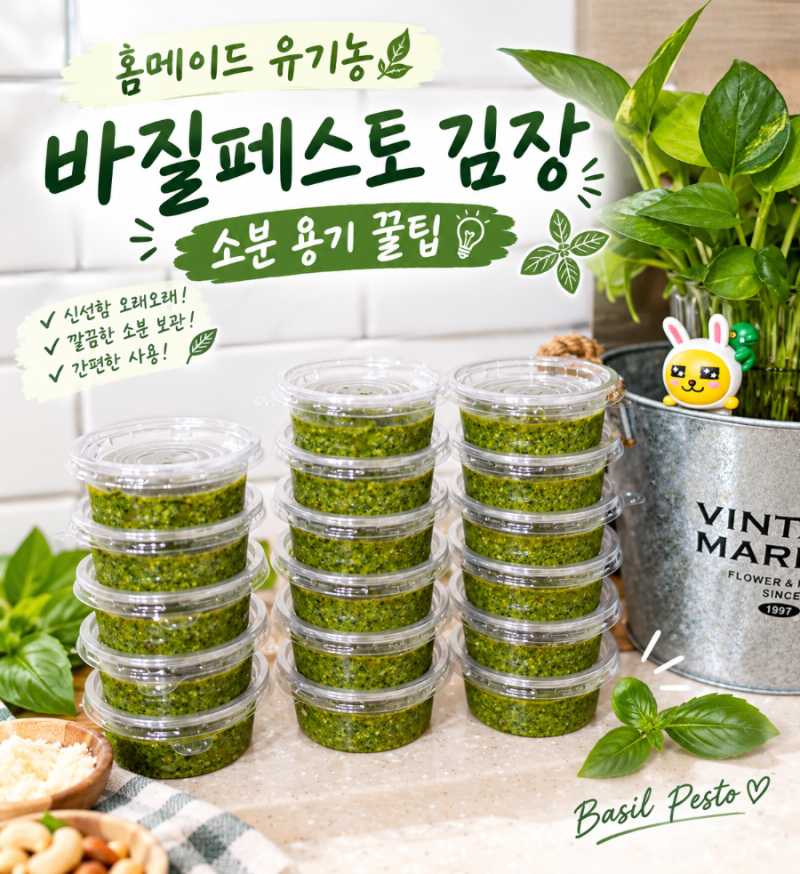 꽃이 핀 반려 식물 바질 수확 후 홈메이드 유기농 바질페스토 김장 /소분 보관 용기 나만의 ....