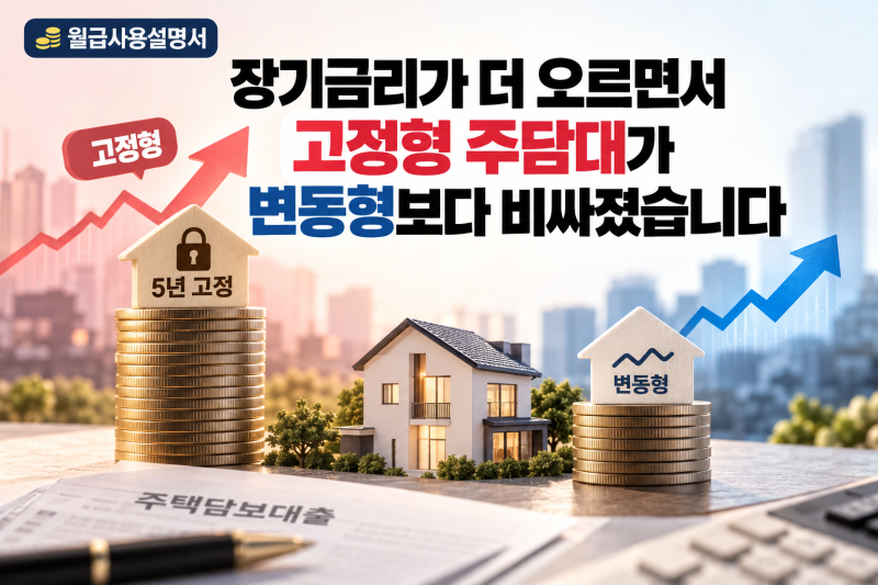 장기금리가 더 오르면서 고정형 주담대가 변동형보다 비싸졌습니다