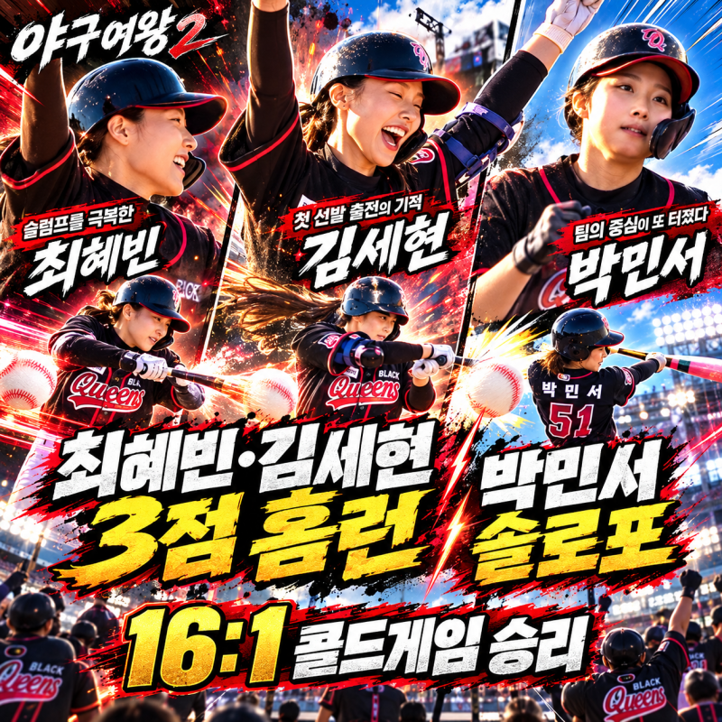 ⚾ 야구여왕2 12회 리뷰｜최혜빈·김세현 3점 홈런, 박민서 솔로포…천안시 주니어에 16대1 콜....