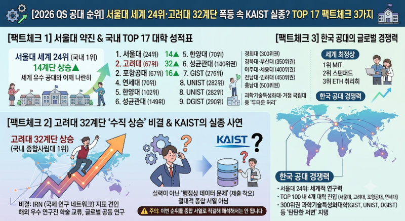 [2026 QS 공대 순위] 서울대 세계 24위·고려대 32계단 폭등 속 KAIST 실종? TOP 17 팩트체크 3가지